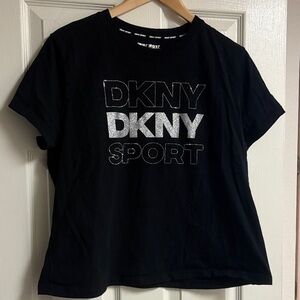 DKNY Womens Black Tee with Silver Glitter Logo XL more like M .